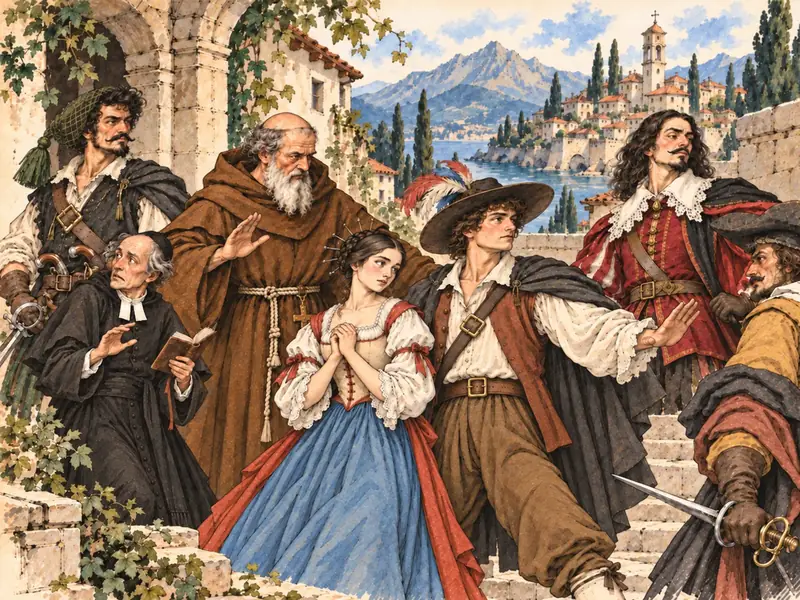 I personaggi dei Promessi sposi: Renzo e Lucia al centro, fra Cristoforo e don Abbondio alle loro spalle, don Rodrigo e i bravi ai lati; sullo sfondo il paese e il lago
