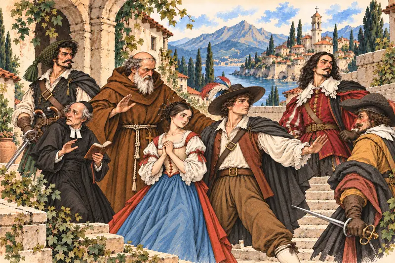 I personaggi dei Promessi sposi: Renzo e Lucia al centro, fra Cristoforo e don Abbondio alle loro spalle, don Rodrigo e i bravi ai lati; sullo sfondo il paese e il lago