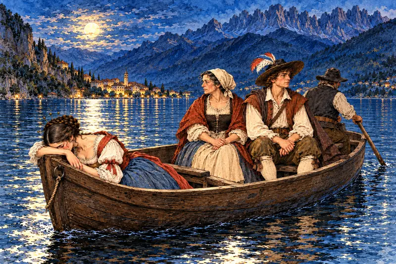 Di notte, al chiaro di luna, la barca attraversa il lago: Lucia piange appoggiata alla sponda, accanto ad Agnese e a Renzo
