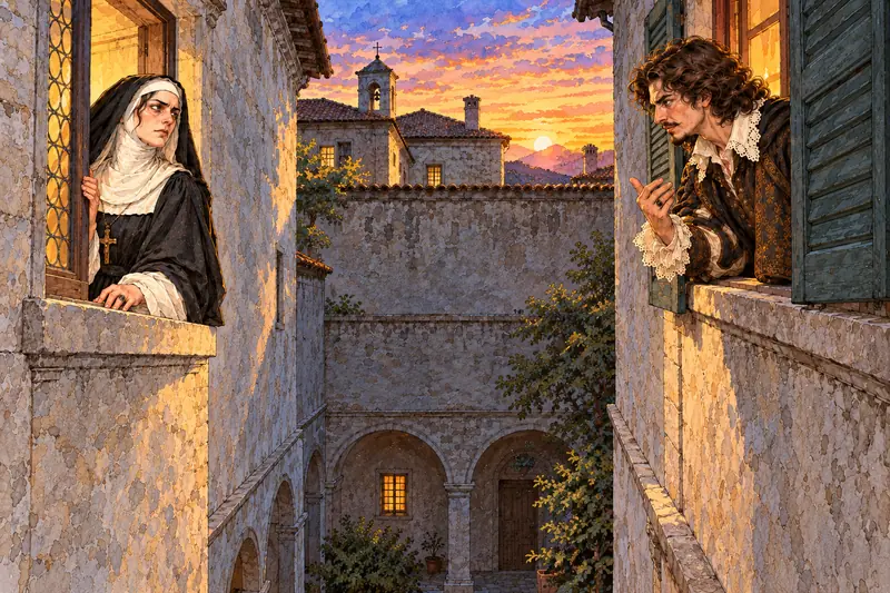 Gertrude, alla finestra del monastero, ed Egidio, affacciato alla finestra di fronte, sopra il cortile al tramonto